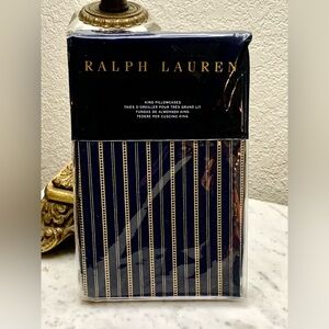RALPH LAUREN WENDELL STRIPES KING PILLOW CASE SET NEW NAVY ECRU STRIPE COTTON